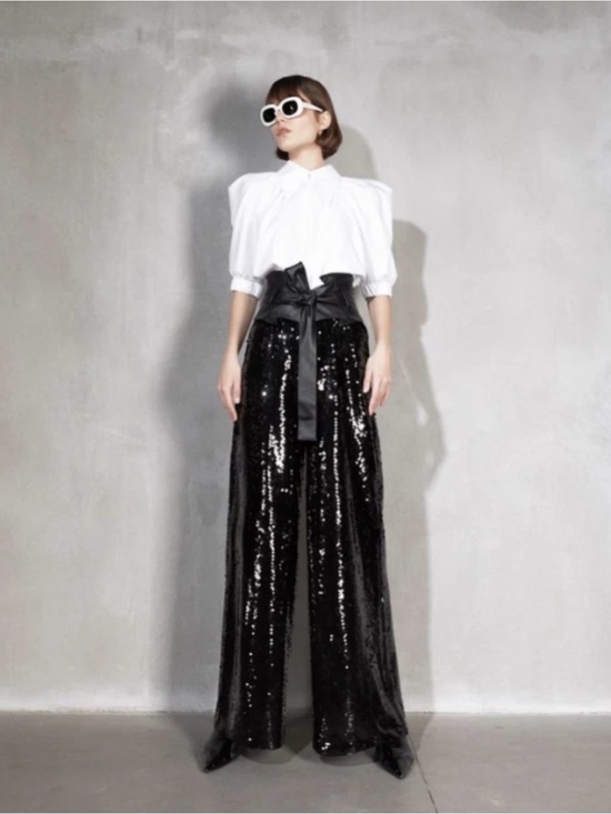 Julia Allert Pants - Black & Gold Sequin Pants with Belt